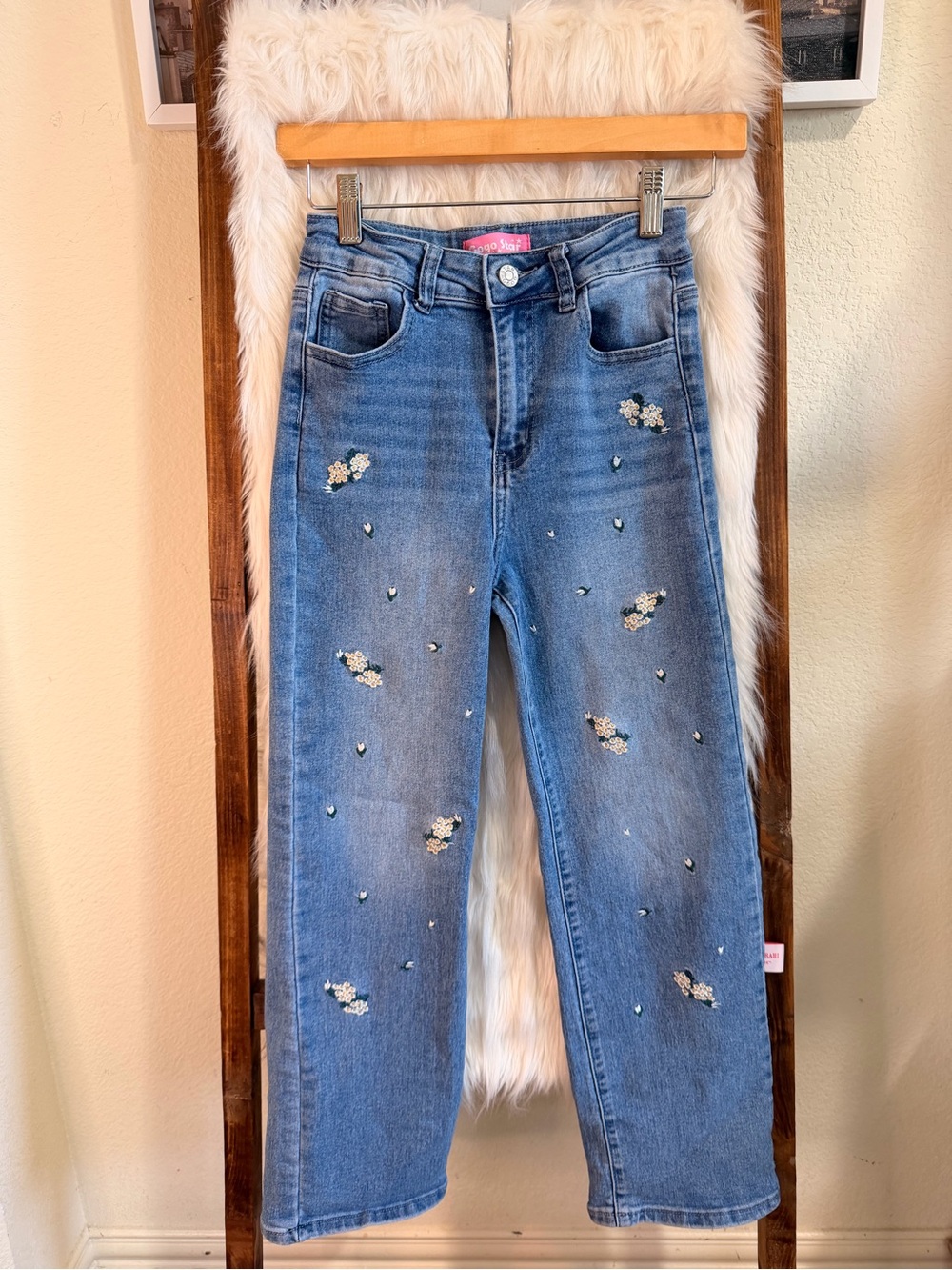 Girls Blue Embellished Floral Straight-Leg Jeans